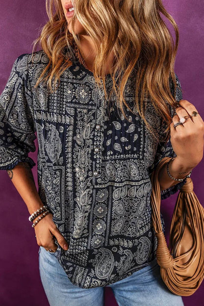 Printed Buttoned Flounce Sleeve Blouse Trendsi a6ab39d13e704aaaa0faf6bfd5269edc-Max
