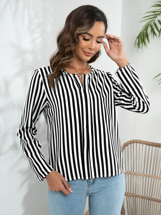 Striped Long Sleeve Notched Blouse White Trendsi a6bcd07ccf0c4af99b06200893b9735a-Max