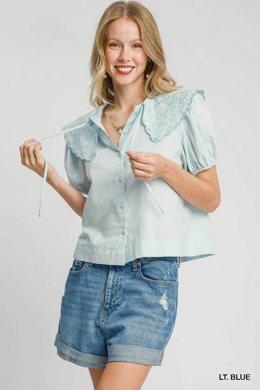 Umgee Tied Collared Short Sleeve Button Down Shirt LT. BLUE Trendsi a6cc2063-8c76-469f-9152-25eccfb4e4c4-Max-Origin
