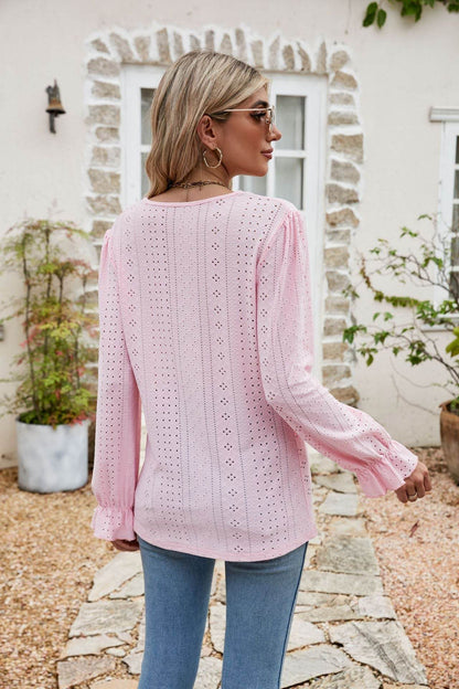 Eyelet Lace Trim Flounce Sleeve Blouse Trendsi a6f8067609414335a44290098df0ce7f-Max