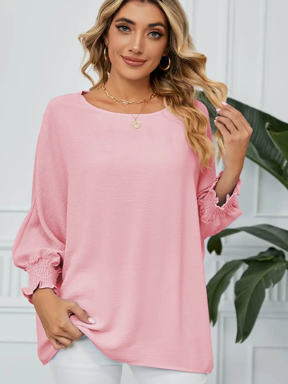 Smocked Lantern Sleeve Round Neck Blouse Blush Pink Trendsi a71eb40a2fdd4cfd97948074c1b5260a-Max