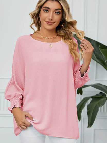Smocked Lantern Sleeve Round Neck Blouse Blush Pink Trendsi a71eb40a2fdd4cfd97948074c1b5260a-Max