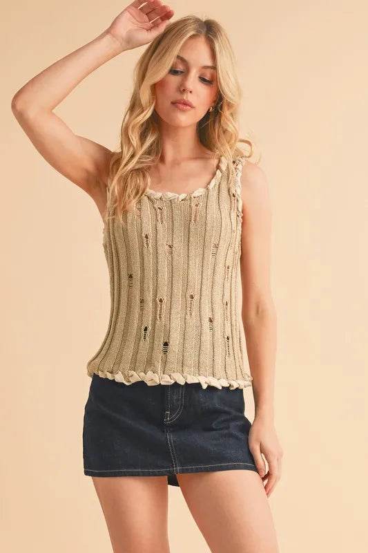 Aemi+Co Distressed Detail Round Neck Knit Tank KHAKI Trendsi a72fa61fa8e2445a915597967e6801fb-Max-Origin