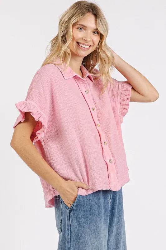 Mittoshop Mineral Washed Button Down Flounce Sleeve Shirt Trendsi a73d61bb-f5d6-4b09-b593-1510b8c33c83-Max