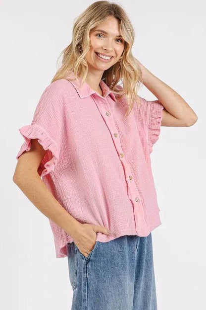 Mittoshop Mineral Washed Button Down Flounce Sleeve Shirt Trendsi a73d61bb-f5d6-4b09-b593-1510b8c33c83-Max