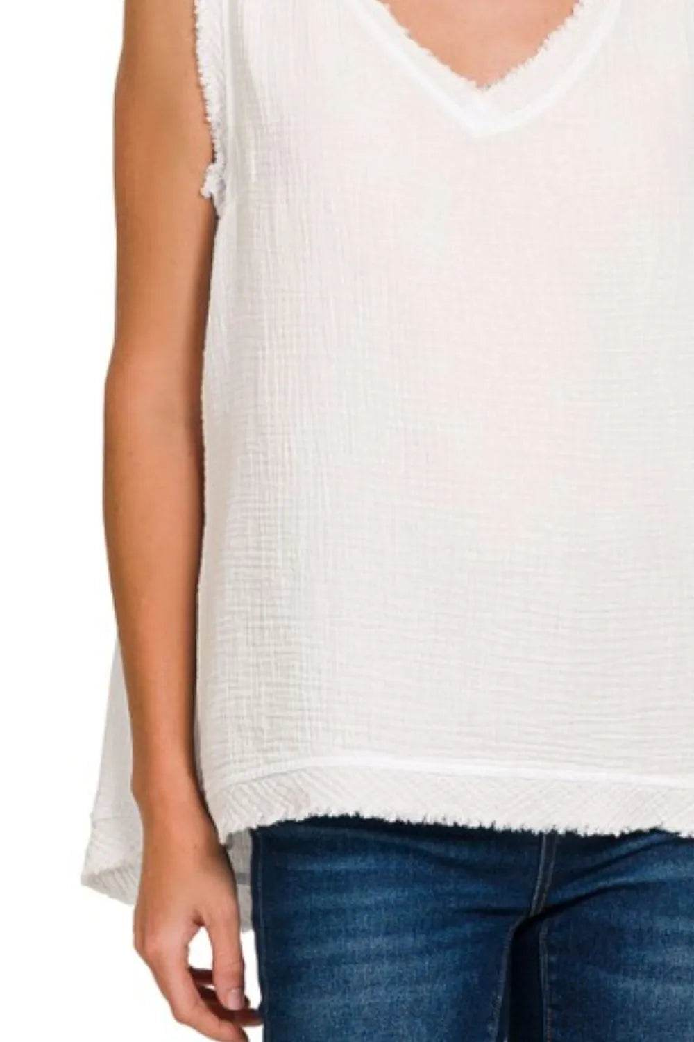 Zenana Double Gauze Raw Edge V-Neck Tank Trendsi a75094cd-8780-48a8-a7dd-1176c561888e-Max-Origin
