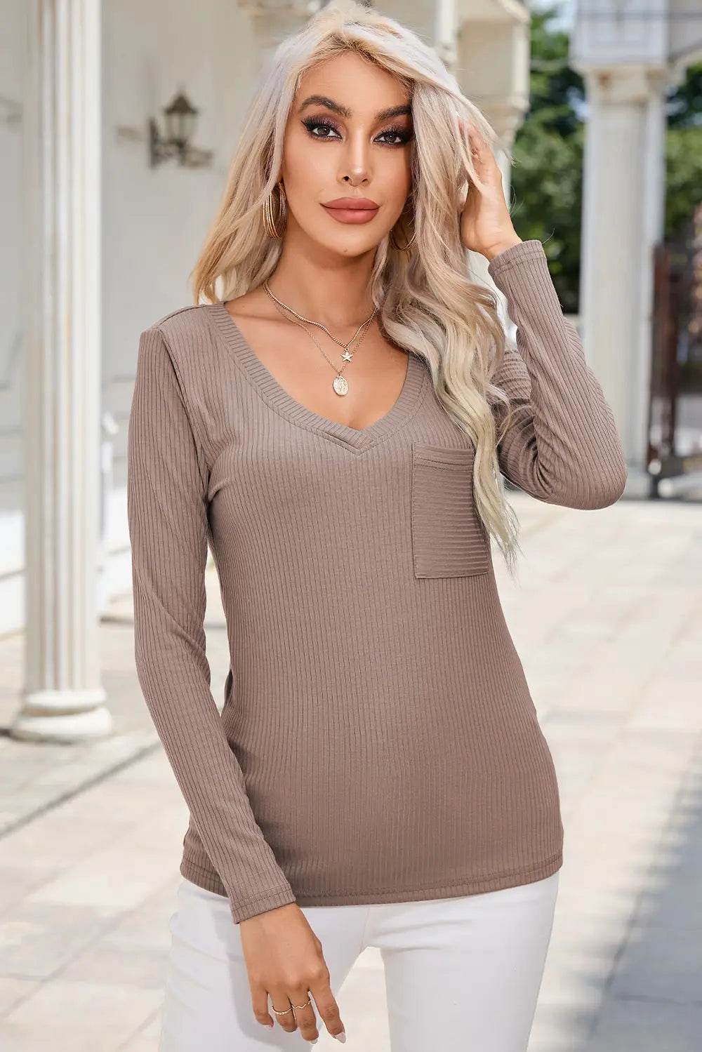 Ribbed V-Neck Long Sleeve Blouse with Pocket Trendsi a76ea5e8cde742148c7d94ee655b062d-Max