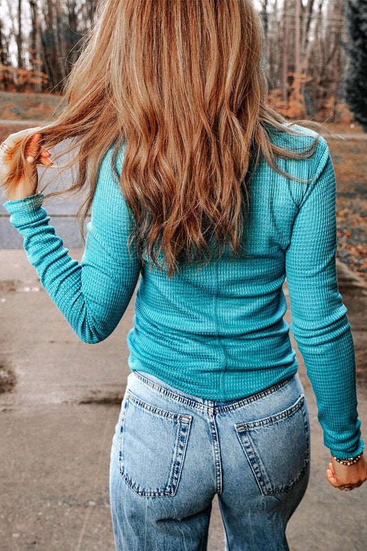 Half-Snap Round Neck Long Sleeve Top Trendsi a7957b145439449bbab51f47f2496f2b-Max