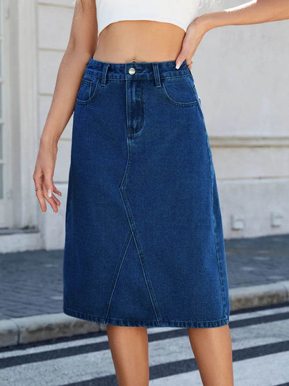 Slit Back Midi Denim Skirt Dark Blue Trendsi a7c2ec3b-88d8-4827-861a-e8e8e5eb8fde-Max