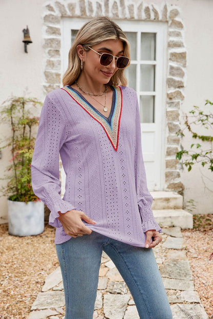 Eyelet Flounce Sleeve V-Neck Blouse Trendsi a7c79e47ec0746da9960901ea7afa7e6-Max