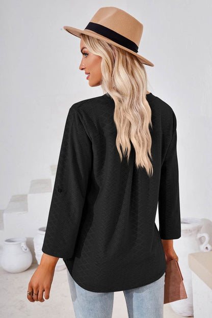 V-Neck Roll-Tap Sleeve Blouse Trendsi a7d72bc4a7d34d388245fdc80f071ec7-Max