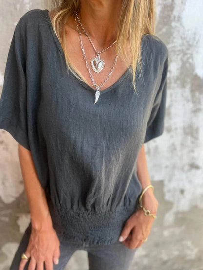 Full Size Smocked Hem V-Neck Relaxed Fit T-Shirt Plus Size Dark Gray Trendsi a7e61a83-919a-4e97-99cc-0958c0b33be7-Max-Origin