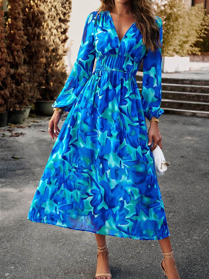 Devine Printed V-Neck Long Sleeve Midi Dress Trendsi a7e935a44ba7467aadb17171733f18ac-Max