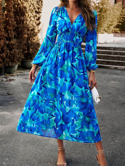 Devine Printed V-Neck Long Sleeve Midi Dress Trendsi a7e935a44ba7467aadb17171733f18ac-Max