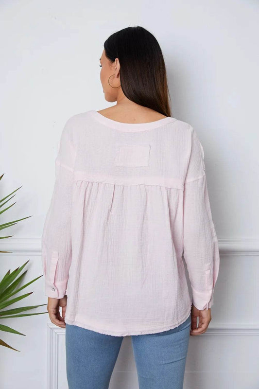 Texture Half Button Raw Hem Top Trendsi a7ed42f7-3cf8-4795-8ade-3a58c84d6c20-Max