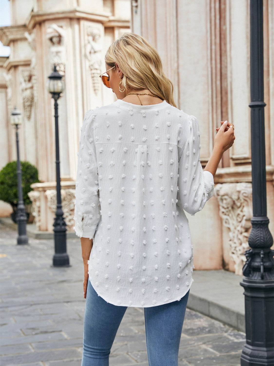 Swiss Dot Notched Neck Blouse Trendsi a80950a00b564ed1b3063aad7301b6c6-Max