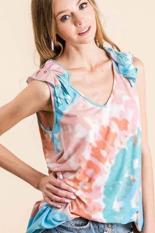 BiBi Circular Tie Dye Knit V Neck Top With Ruffle Trendsi a84533c051ed4e369aee007ff1e8bd64-Max-Origin