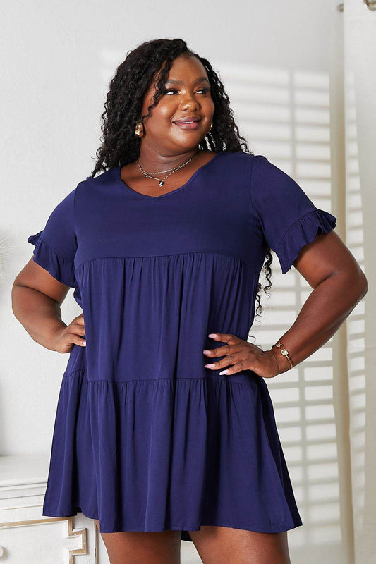 Mandy V-Neck Flounce Sleeve Tiered Dress Dark Blue Trendsi a8485db4a5c34cb5829200340f7ca057-Max