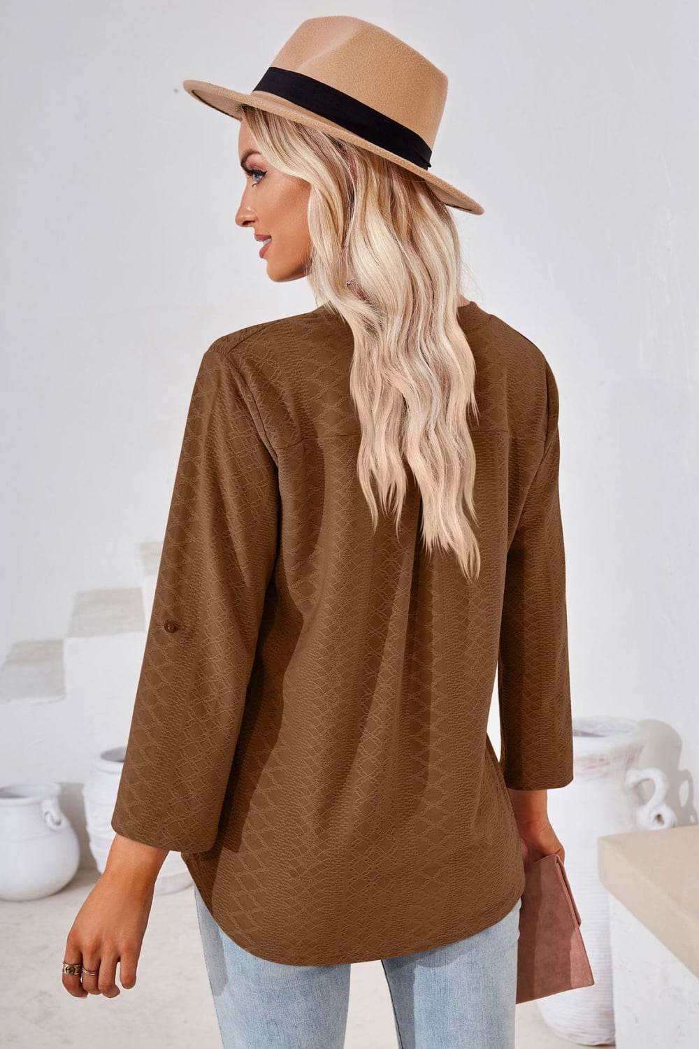 V-Neck Roll-Tap Sleeve Blouse Trendsi a868134af1d04202879bb5d2f9990814-Max