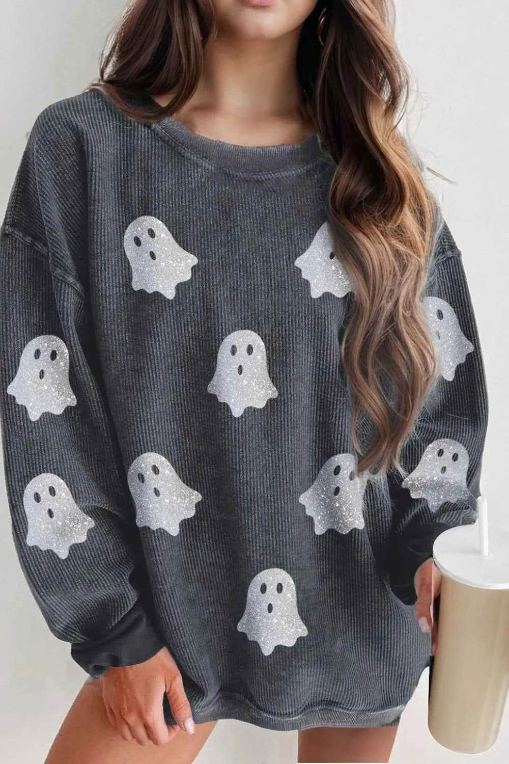 Glitter Ghost Round Neck Long Sleeve Sweatshirt Dark Gray Trendsi a89ac295-43b5-4899-8faf-4ce7e6d67d07-Max
