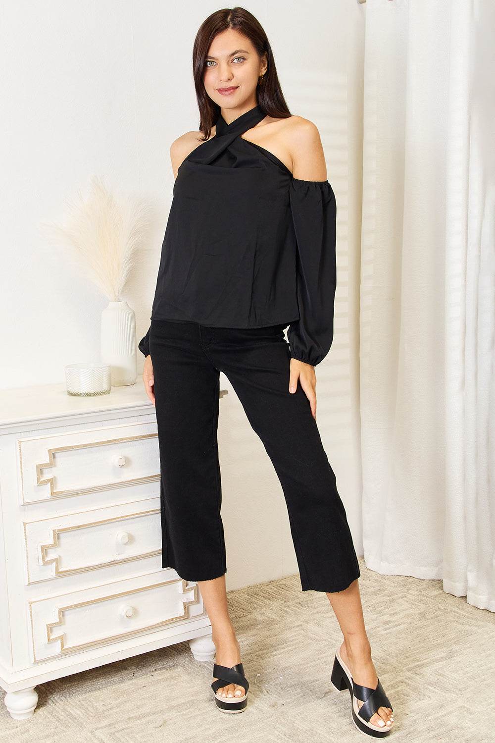 Perfee Grecian Cold Shoulder Long Sleeve Blouse Trendsi a8cedf3a2a8b4f7fa001c5c7badad42f-Max