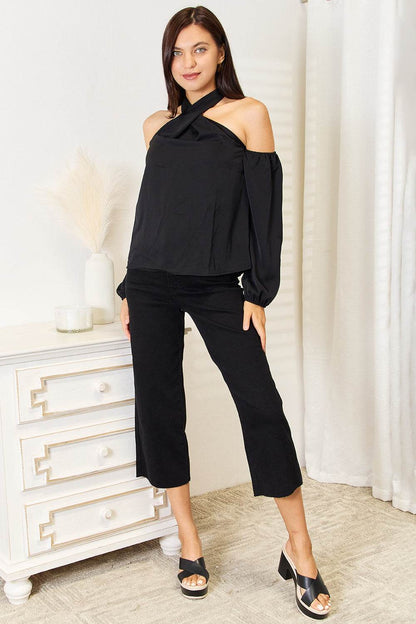 Perfee Grecian Cold Shoulder Long Sleeve Blouse Trendsi a8cedf3a2a8b4f7fa001c5c7badad42f-Max