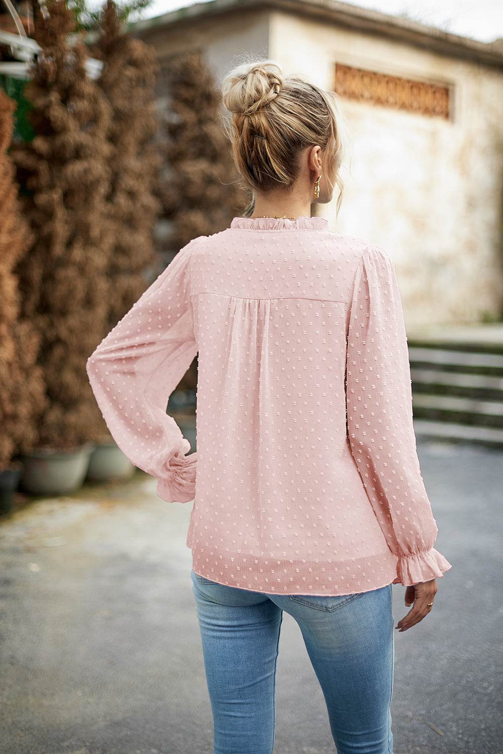 Devine Swiss Dot Smocked Shoulder Blouse Trendsi a8e7b30d8635426a94491f8d0e506257-Max