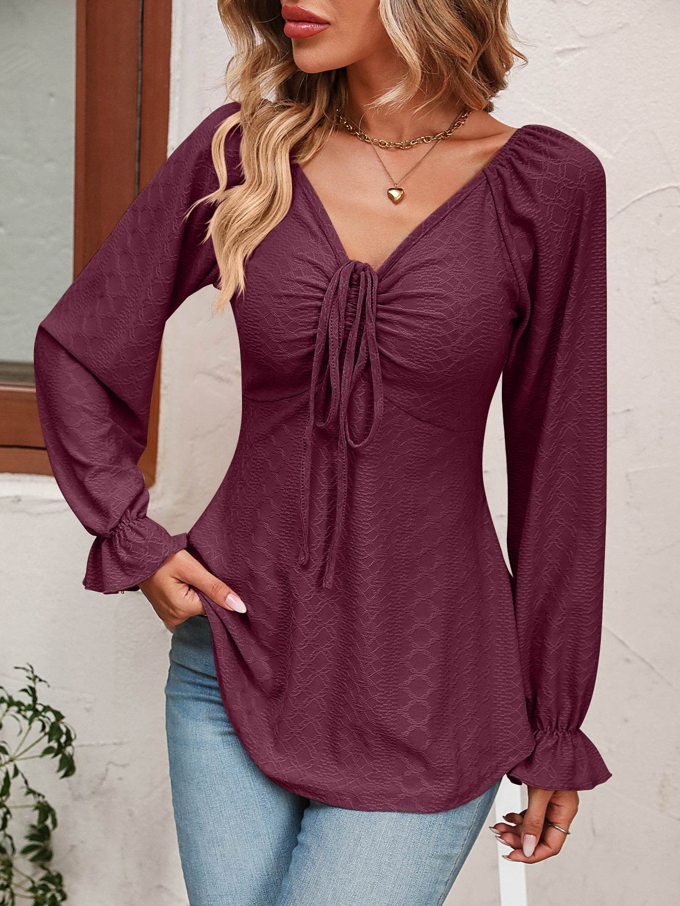 Mandy Tie Front V-Neck Puff Sleeve Blouse Trendsi a900f95d0ec04e818735a4f003b9278f-Max