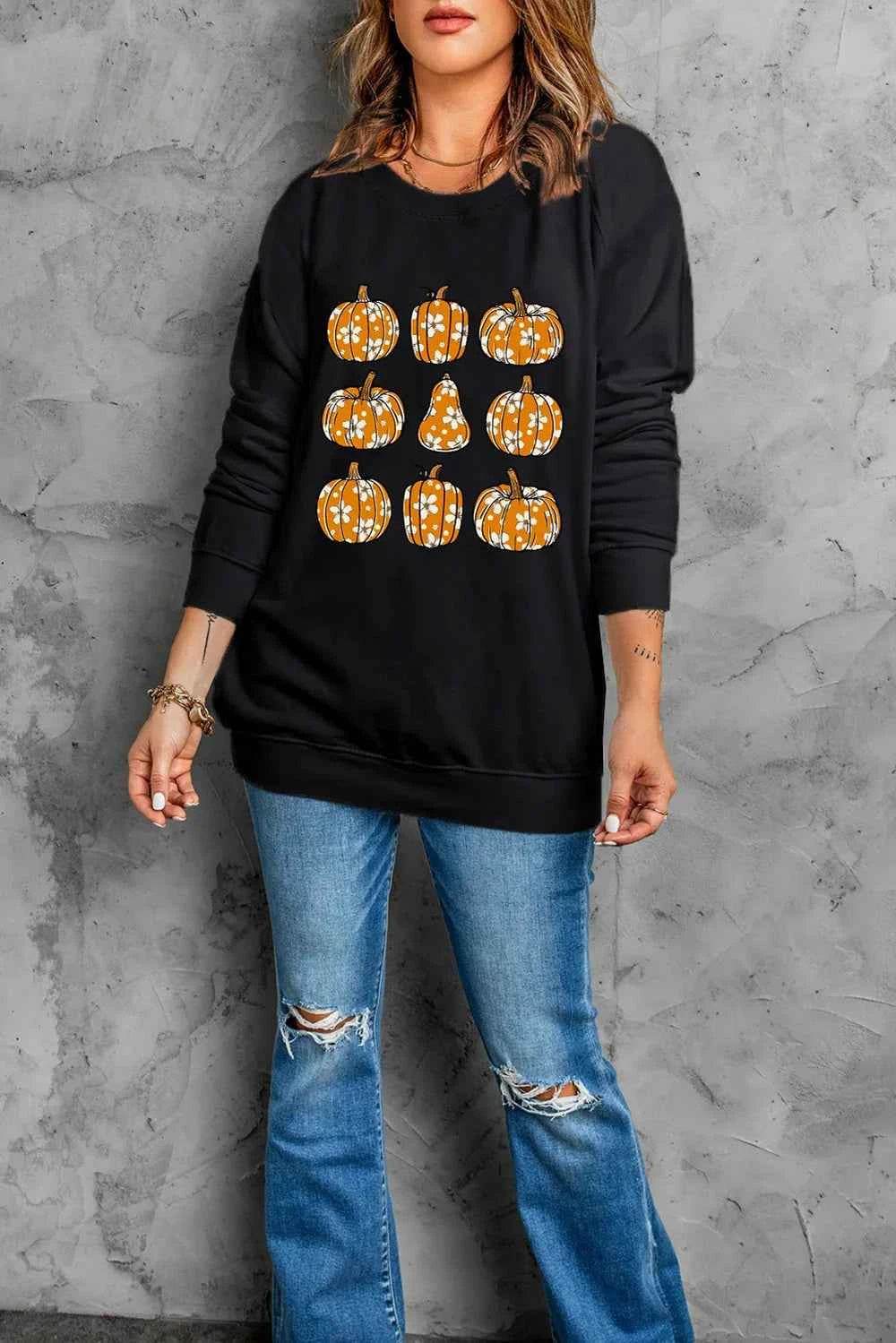 Pumpkin Round Neck Long Sleeve Sweatshirt Trendsi a901dda6-2282-4d02-93ae-bef5fe60b9aa-Max