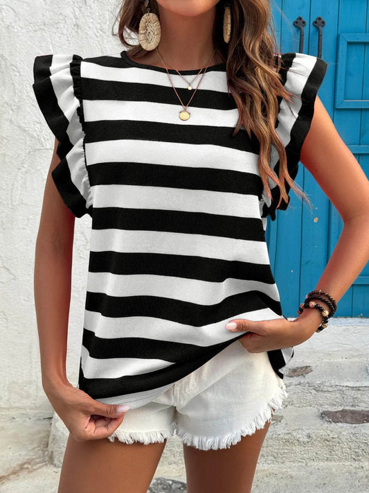 Contrast Striped Ruffle Sleeve T-Shirt Black Trendsi a910a3916a9244cfa6551deab94ca9e5-Max-Origin