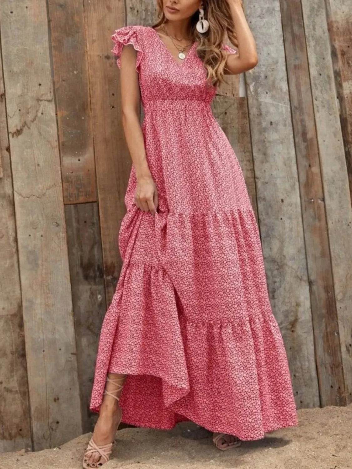 Printed V-Neck Ruffled Cap Sleeve Maxi Dress Scarlet Trendsi a92262c1-a256-4405-bea1-6c4b3790d678-Max-Origin