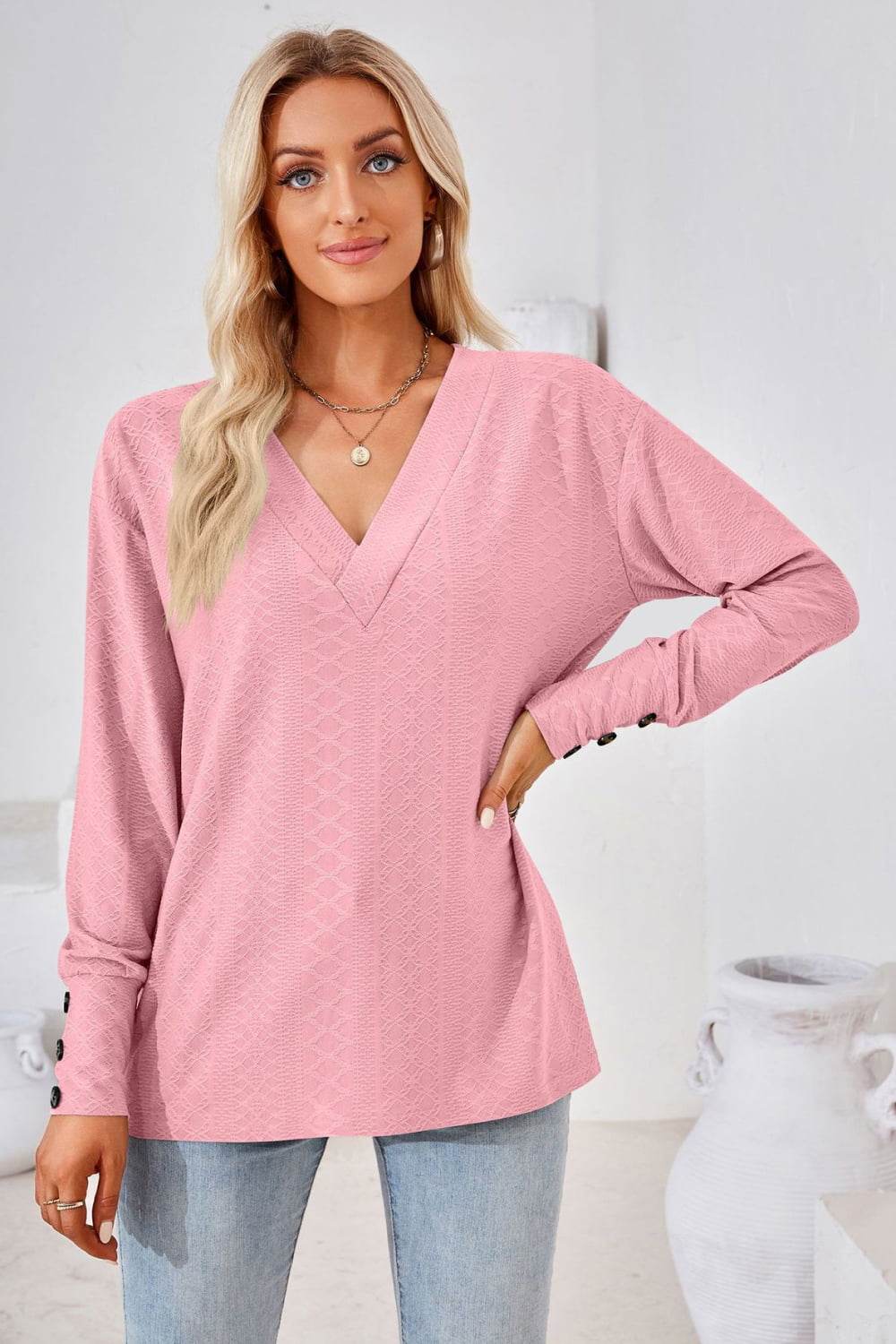 V-Neck Long Sleeve Blouse Trendsi a922f65a5c3546cc8c066aac1064b015-Max