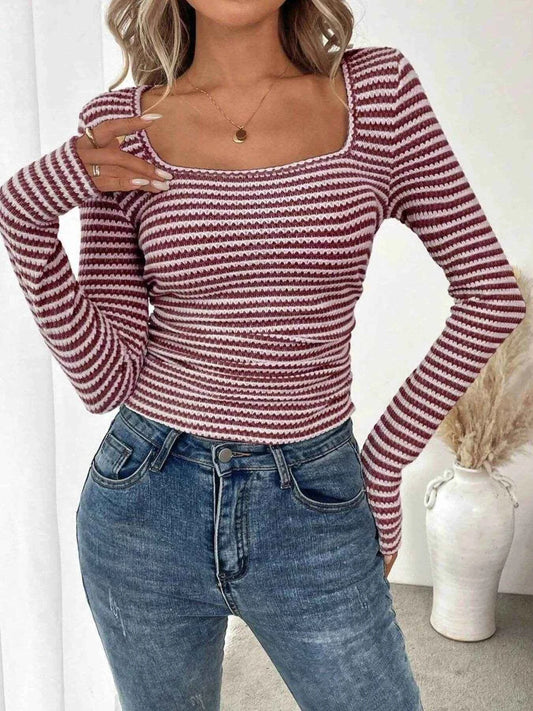 Striped Square Neck Long Sleeve T-Shirt Trendsi a937a19243644315b0bc684e982f76a1-Max-Origin