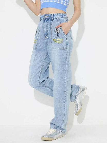 Flower High Rise Straight Leg Jeans with Pockets Trendsi a95c4a07-8d1f-44d9-9aaa-74cecec284e2-Max