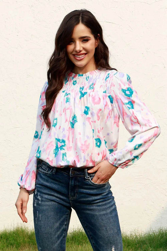Floral Smocked Balloon Sleeve Round Neck Blouse Multicolor Trendsi a984a51506464cbc93913d7ade996317-Max