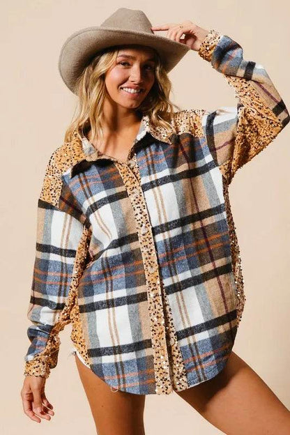 BiBi Curved Hem Sequin Plaid Button Up Shacket Trendsi a988b34d-bf95-4b2f-a2a1-8d721d6332ba-Max