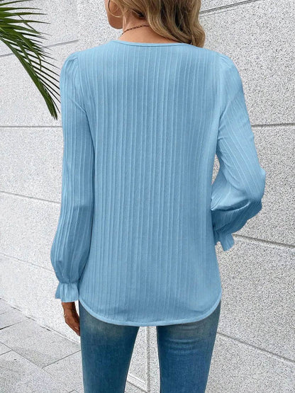 V-Neck Lace Detail Flounce Sleeve Blouse Trendsi a99c620cdd2842deb107a986bda1b1be-Max