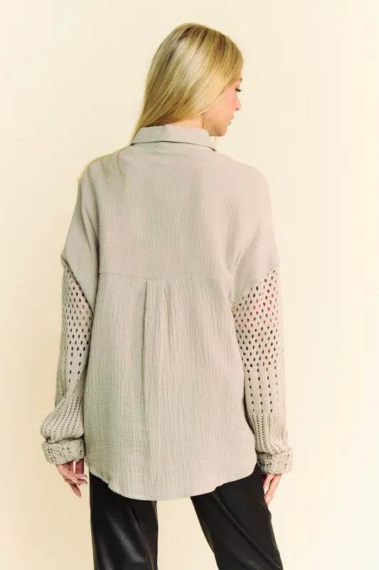 Davi & Dani Crochet Sleeve Crinkled Texture Shirt Trendsi a9ac5901-a252-4c3c-aee4-f6605318dbed-Max