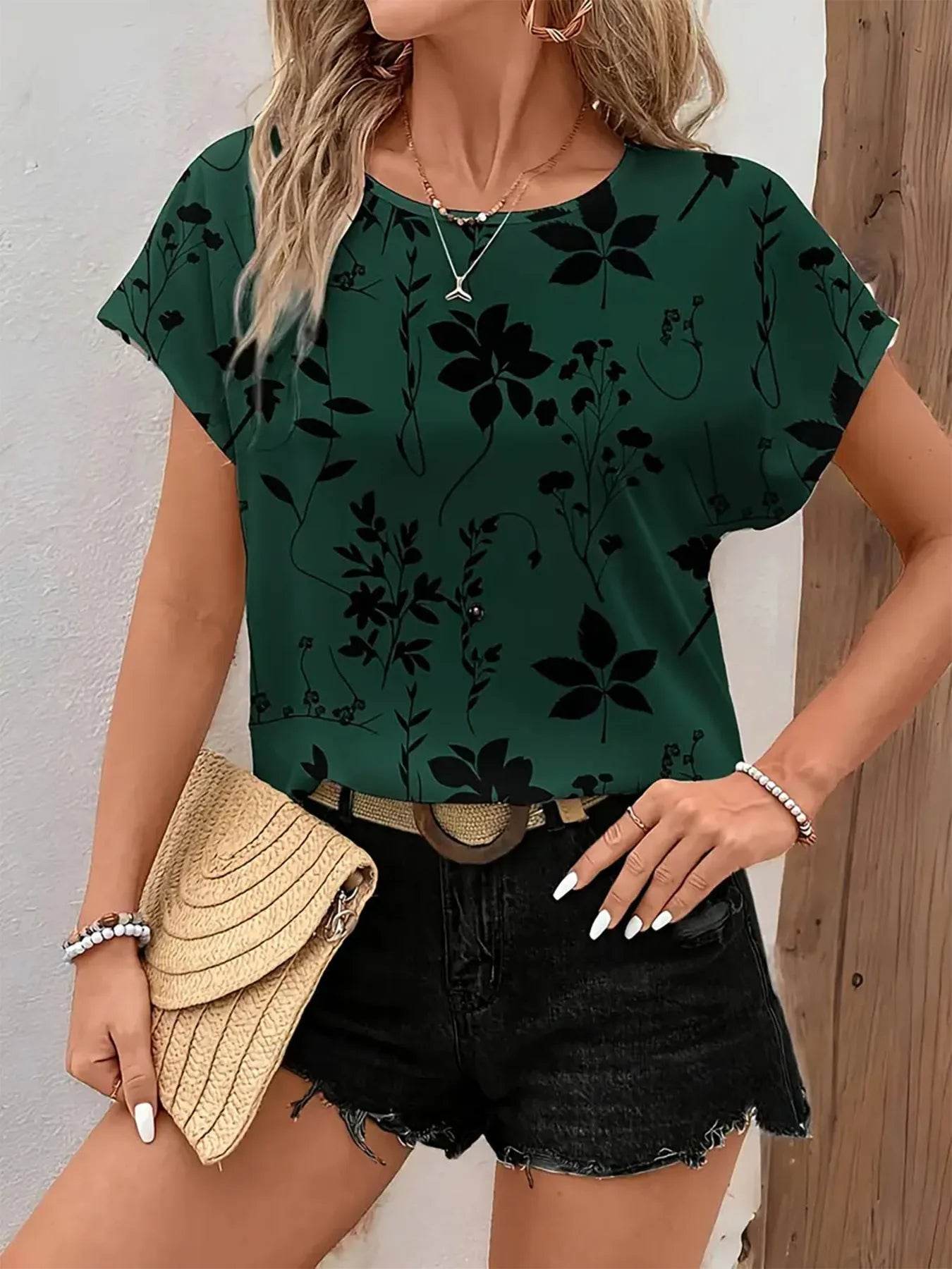 Printed Round Neck Short Sleeve Blouse Green Trendsi a9c3a347cb494ceaa8dc000e3a82ef2e-Max-Origin