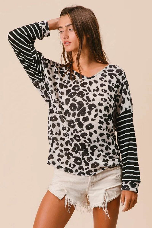 BiBi Leopard Hacci Knit Twist Back Top With Stripe Sleeve Trendsi a9c6261811ab4b0f8687828c16184865-Max-Origin