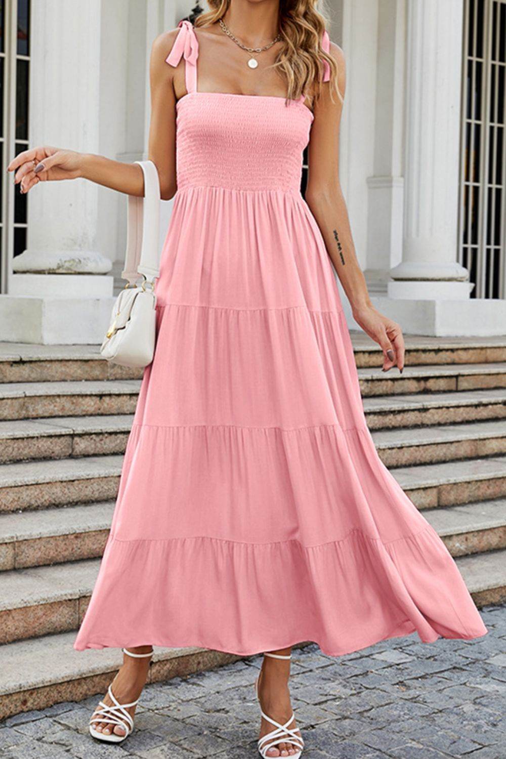 Tie-Shoulder Smocked Tiered Dress Trendsi a9c739b8ad4940f2ac143f8bb27b5e8f-Max
