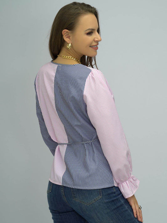 Shiny Surplice Neck Striped Long Sleeve Blouse Trendsi a9e45cc914f8478bbc81501b6b0c35c6-Max