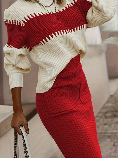 Two-Tone Ribbed Knit Top and Skirt Sweater Set Red Trendsi a9ea90a73238434eb330dcf014c68c16-Max-Origin