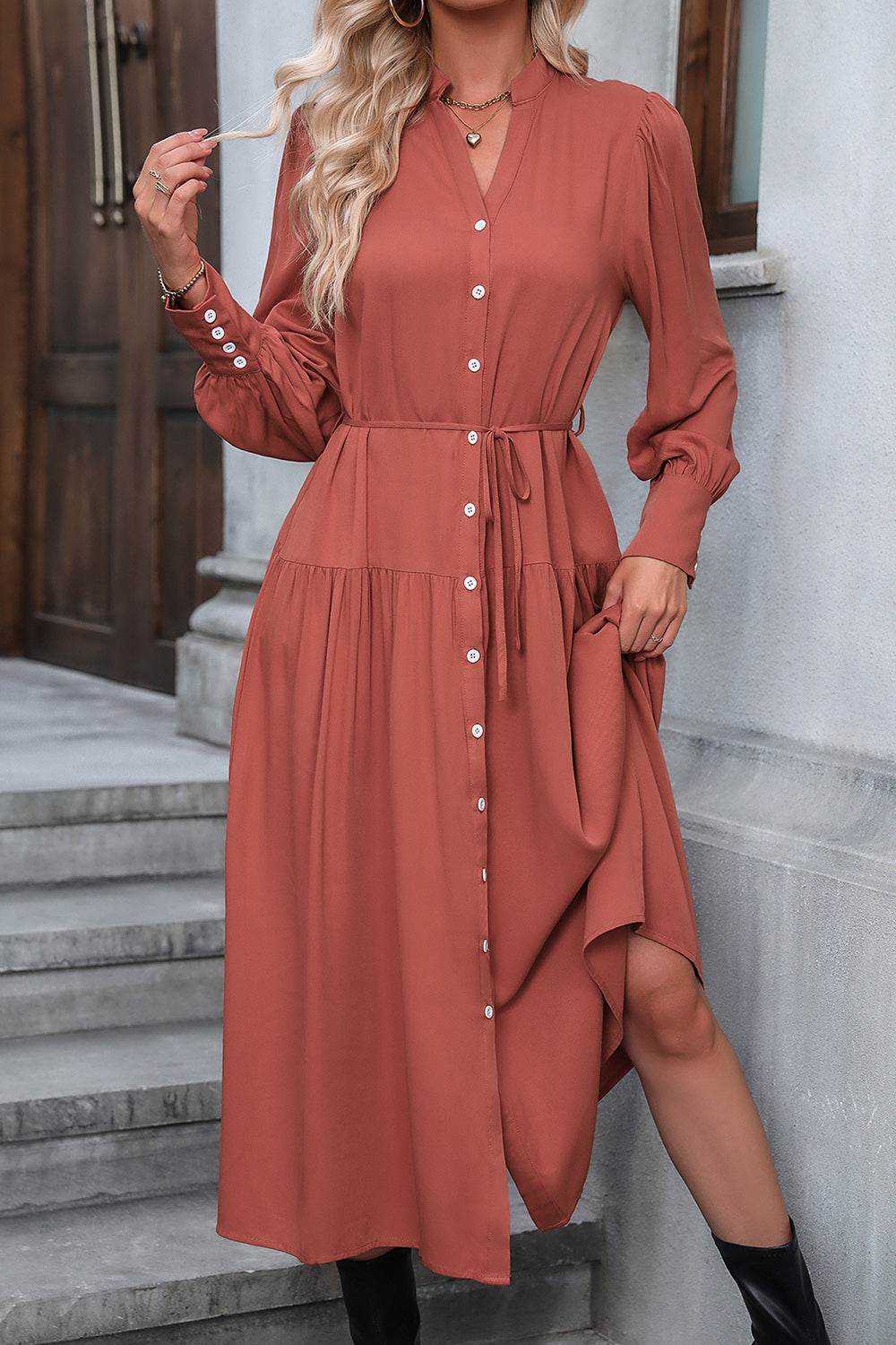 Perfee Button Down Notched Neck Dress Trendsi a9f6c796fffc40cf8c97b360041e6834-Max