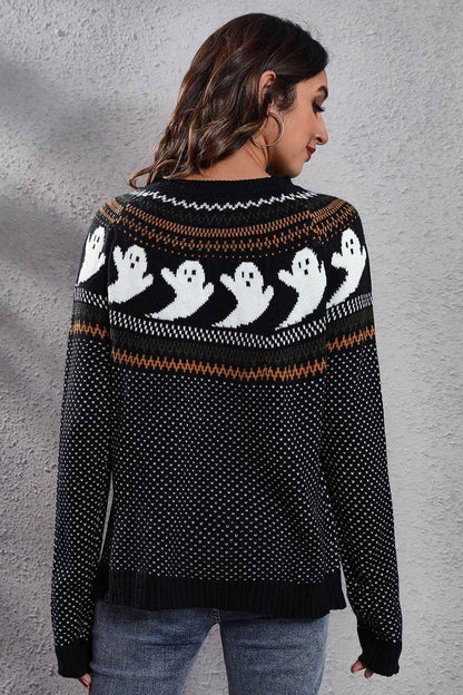 Ghost Pattern Round Neck Long Sleeve Sweater Trendsi aa02e3d8953044d08a436bb032851cb7-Max
