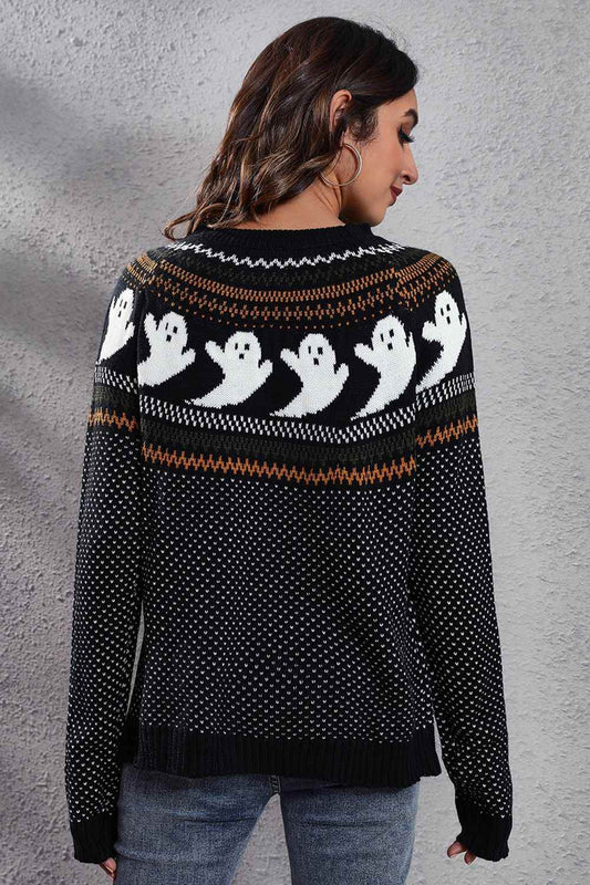 Ghost Pattern Round Neck Long Sleeve Sweater Trendsi aa02e3d8953044d08a436bb032851cb7-Max