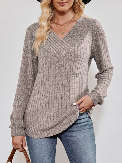 V-Neck Ribbed Long Sleeve Top Khaki Trendsi aa1a32023c2e4cac8aacd47ad16143cf-Max
