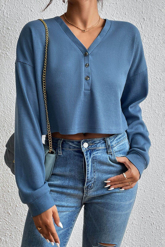 Ivy Lane Cropped V-Neck Raglan Sleeve Buttoned Blouse Dusty Blue Trendsi aa472fd3474d4283a378b379d02d0082-Max