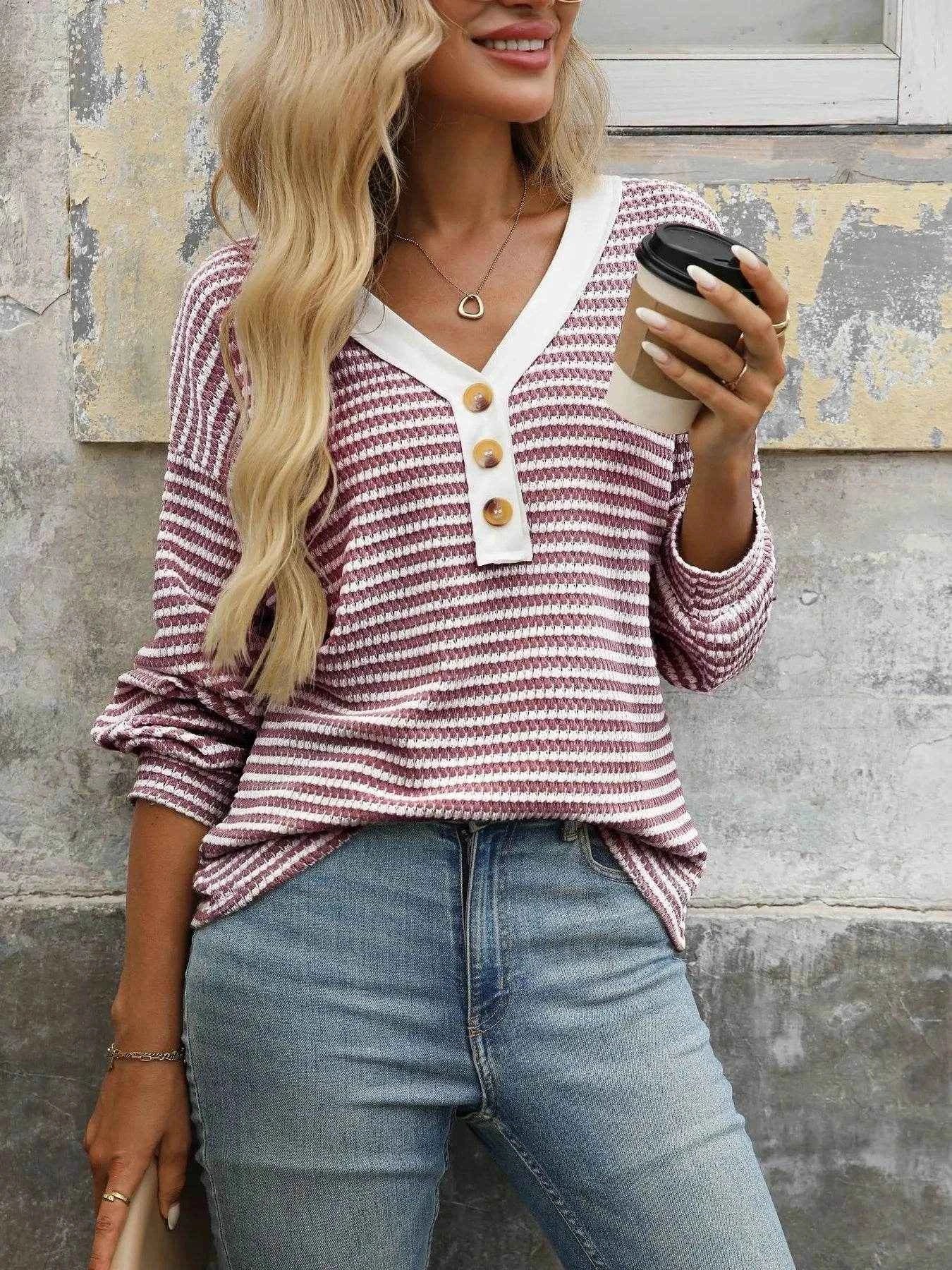 Striped V-Neck Button Front Casual Top Trendsi aa53fea2414a46a2b1625e319aa035a6-Max-Origin