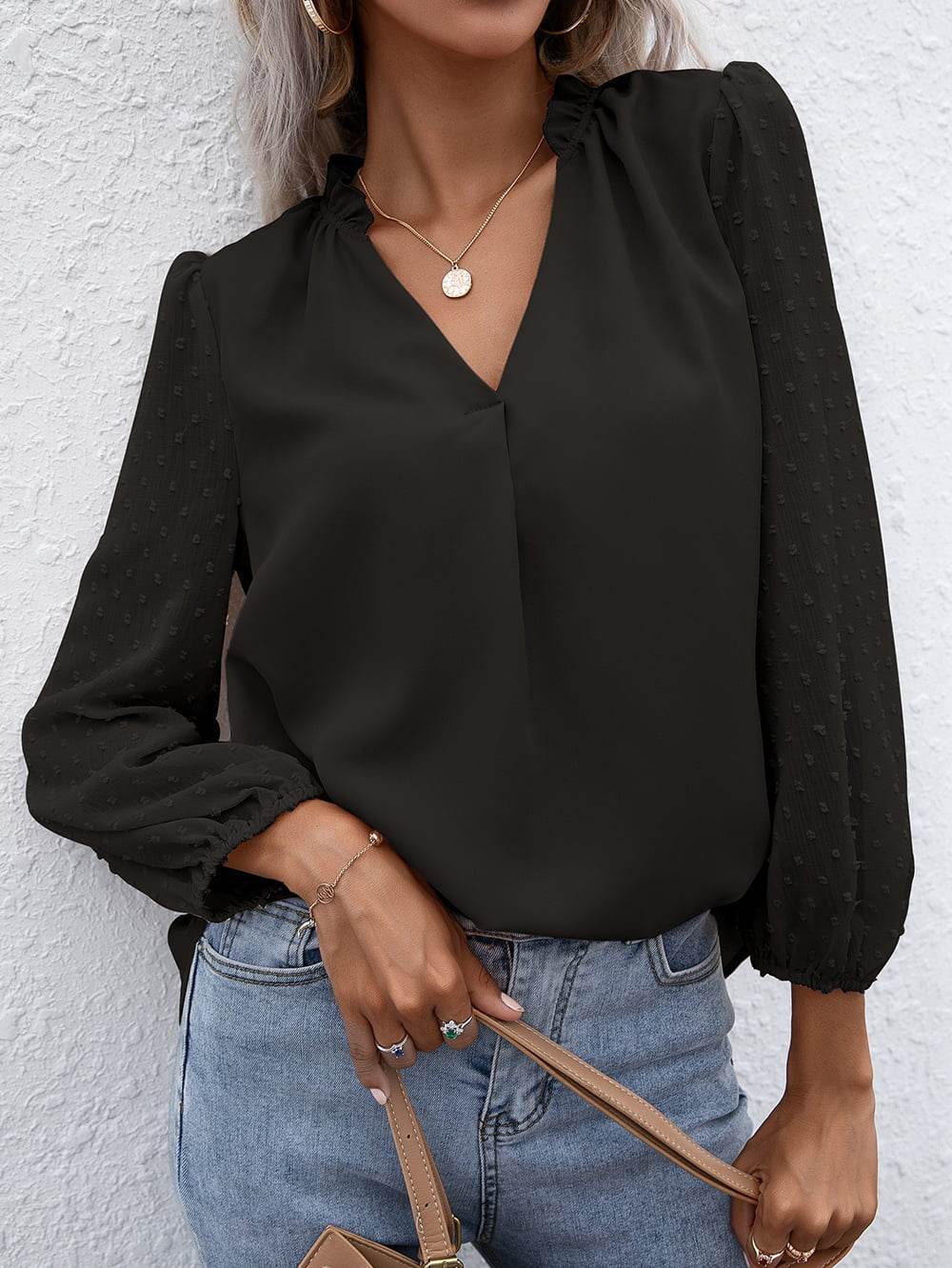 Ivy Lane Swiss Dot Frill Trim Puff Sleeve Blouse Trendsi aa6da6d603584099b6aaa270ea7cfa6b-Max